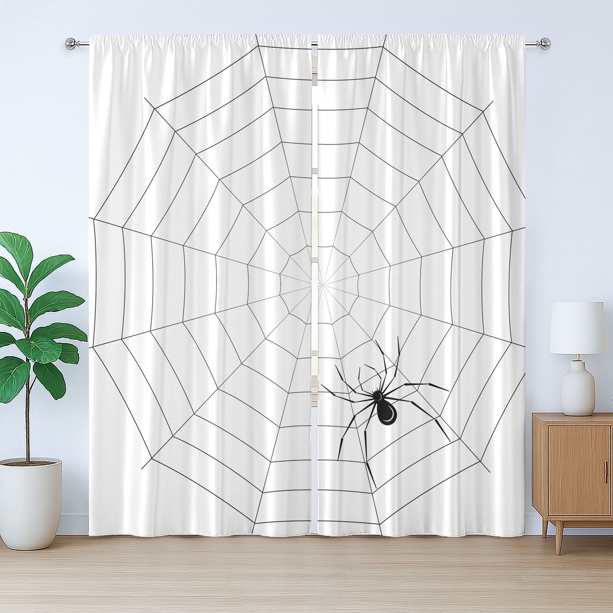 ABAKUHAUS Spinnenweb Rustiek Gordijn, Giftige Insecten Design, Geplooid Gordijn voor de Slaapkamer met Lussen en Haken, 280 x 225 cm, Wit Zwart
