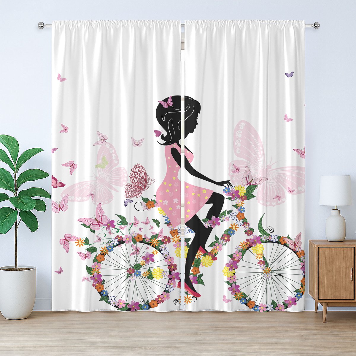 ABAKUHAUS Rustiek fietsgordijn, meisjesmodel met bloemen en vlinders, slaapkamergordijn met plooien en haken, 280 x 225 cm, poederroze wit