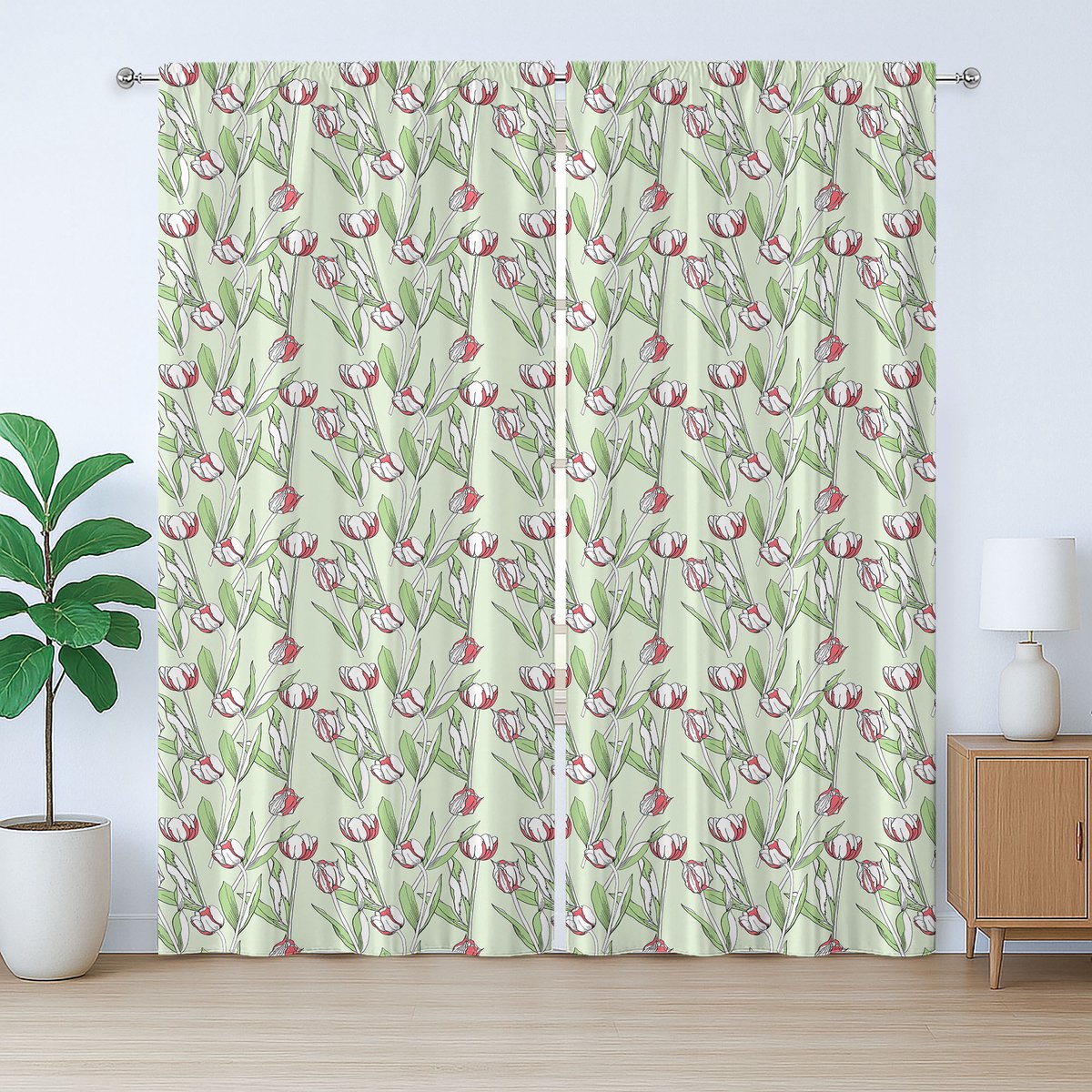 ABAKUHAUS Botanisch Rustiek Gordijn, Abstract Tulpenpatroon, met Bandjes voor de Woonkamer met Lussen en Haken, 280 x 225 cm, Pastelgroen Magenta