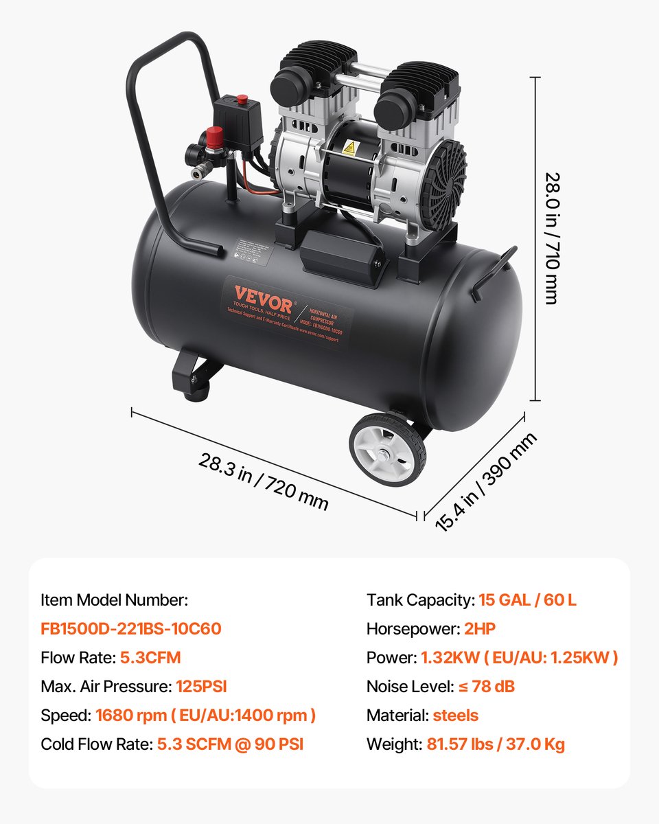 VEVOR Compressor 60l Luchtcompressor 125psi Perslucht 1,25kw Fluistercompressor – foto 3