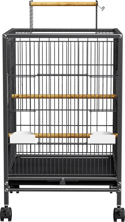ACXIN Vogelkooi - Grande Cage Noire Avec Roulettes, Perchoirs En Bois & Mangeoire Pour Canaris & Perruches - 46x46x91cm