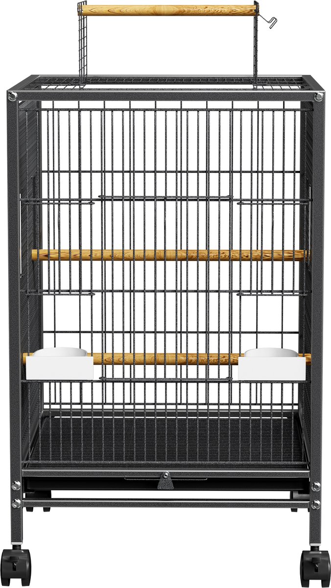 ACXIN Vogelkooi - Grote Zwart Vogelkooi Met Rollen, Houten Stokken & Voerbak Voor Kanaries & Parkieten - 46x46x91cm