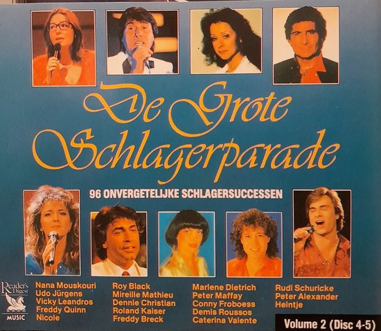 CD hoes met 9 portretten van artiesten en de titel 'De Grote Schlagerparade, 96 Onvergetelijke Schlager successen'.
