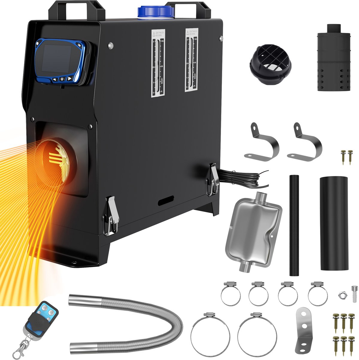 12V diesel standkachel 8kW diesel luchtverwarming met afstandsbediening, LCD-monitor en geluiddemper voor auto, vrachtwagen, camper, motorhome, boot, bus type A