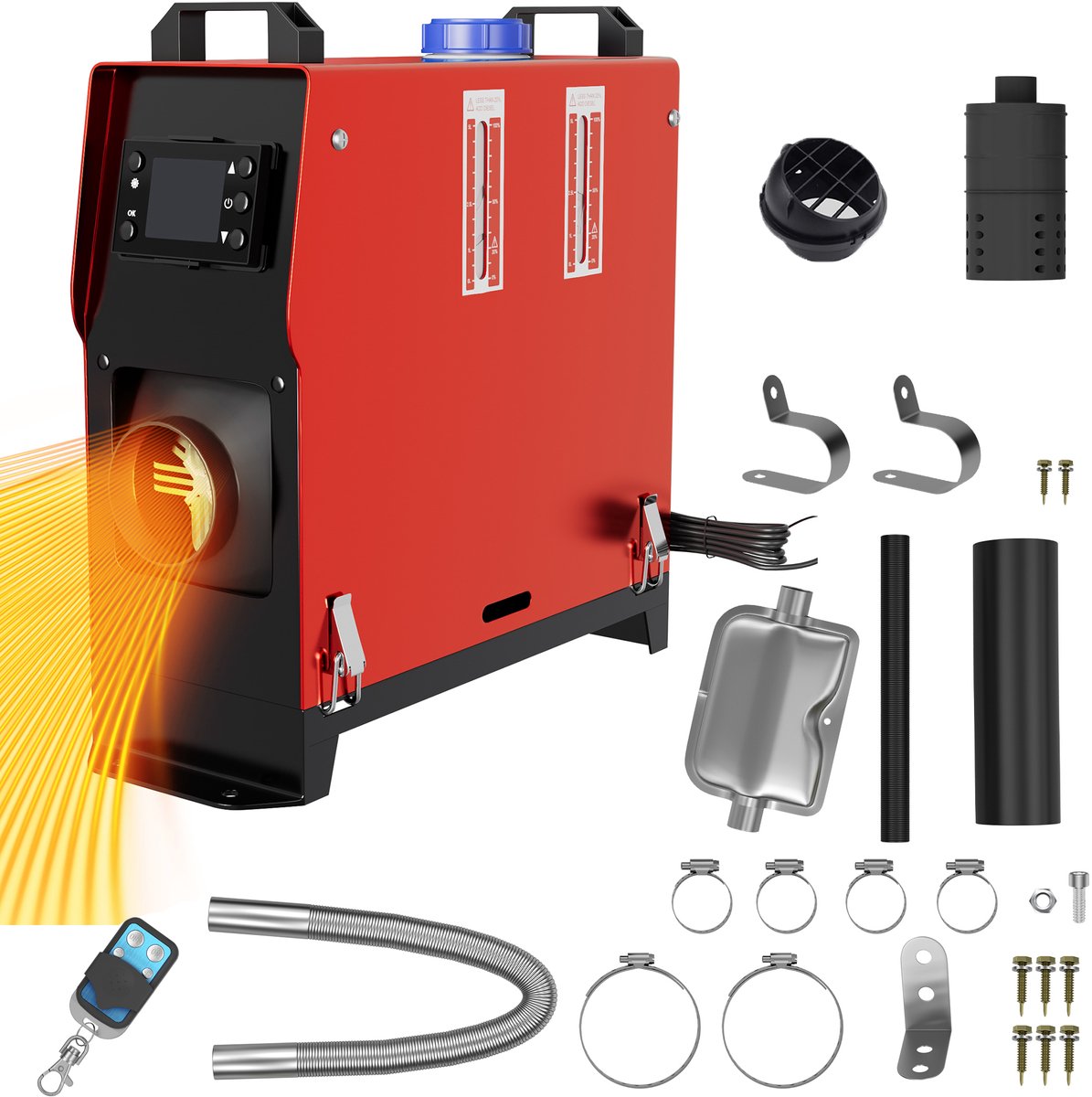 12V diesel standkachel 8kW diesel luchtverwarming met afstandsbediening, LCD-monitor en geluiddemper voor auto, vrachtwagen, camper, motorhome, boot, bus type D