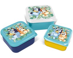 Bluey 3-in-1 Snackdoosjes - 3 formaten - Vierkant - Sluit goed af - Lunchboxen voor kinderen - Los deksel - Geschikt voor koekjes, fruit en snacks - Donkerblauw/Turquoise/Geel