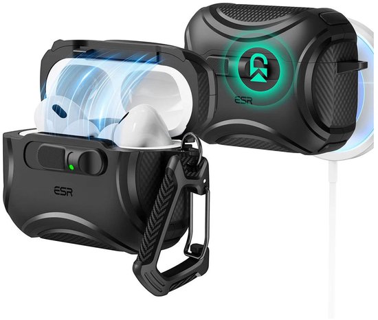 ESR Hoesje Geschikt Voor AirPods Pro 3 (2025) - Cyber FlickLock Case - Compatibel met MagSafe - Karabijnhaak - Zwart