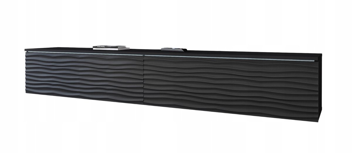 Design TV-Meubel 180 cm – RTV Meubel met 3D Golfpatroon – Hangend of Staand – 2 Deuren – Zwart Mat – Voor TV's tot 77 inch