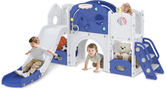 Vrijstaande 8-in-1 kinderspeelglijbaan met klimwanden, speeltoren, zandbak, telescoop, tunnel, ringwerpspel, rollenspel en basketbalring voor binnen en buiten NAIZY