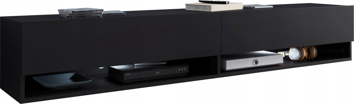 Modern TV-meubel A180 - 180 cm breed - Zwart Mat - Inclusief LED - Zwevend of Staand