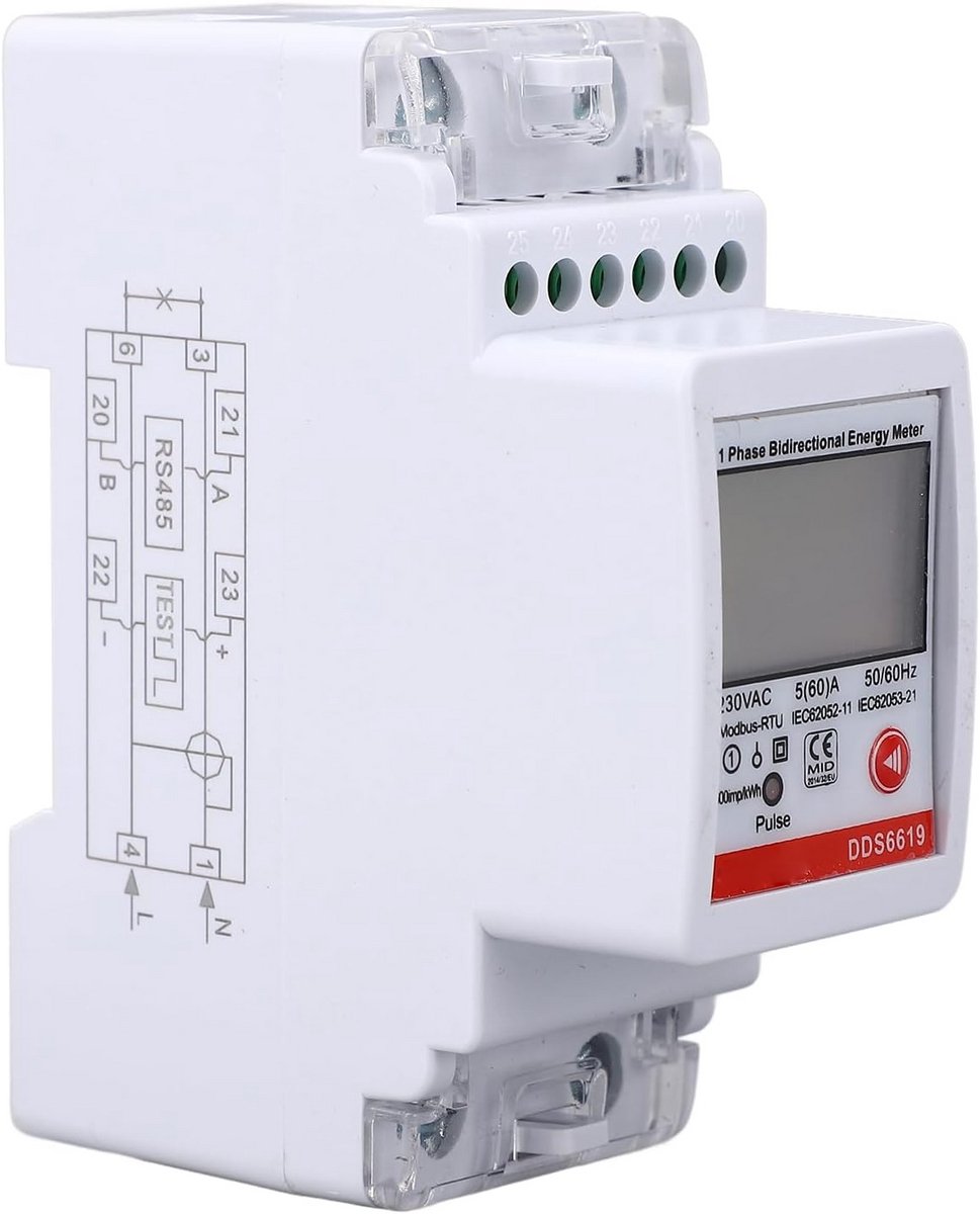 Eenfasige kWh Energiemeter Bidirectioneel voor Zonnepanelen en Energieverbruik