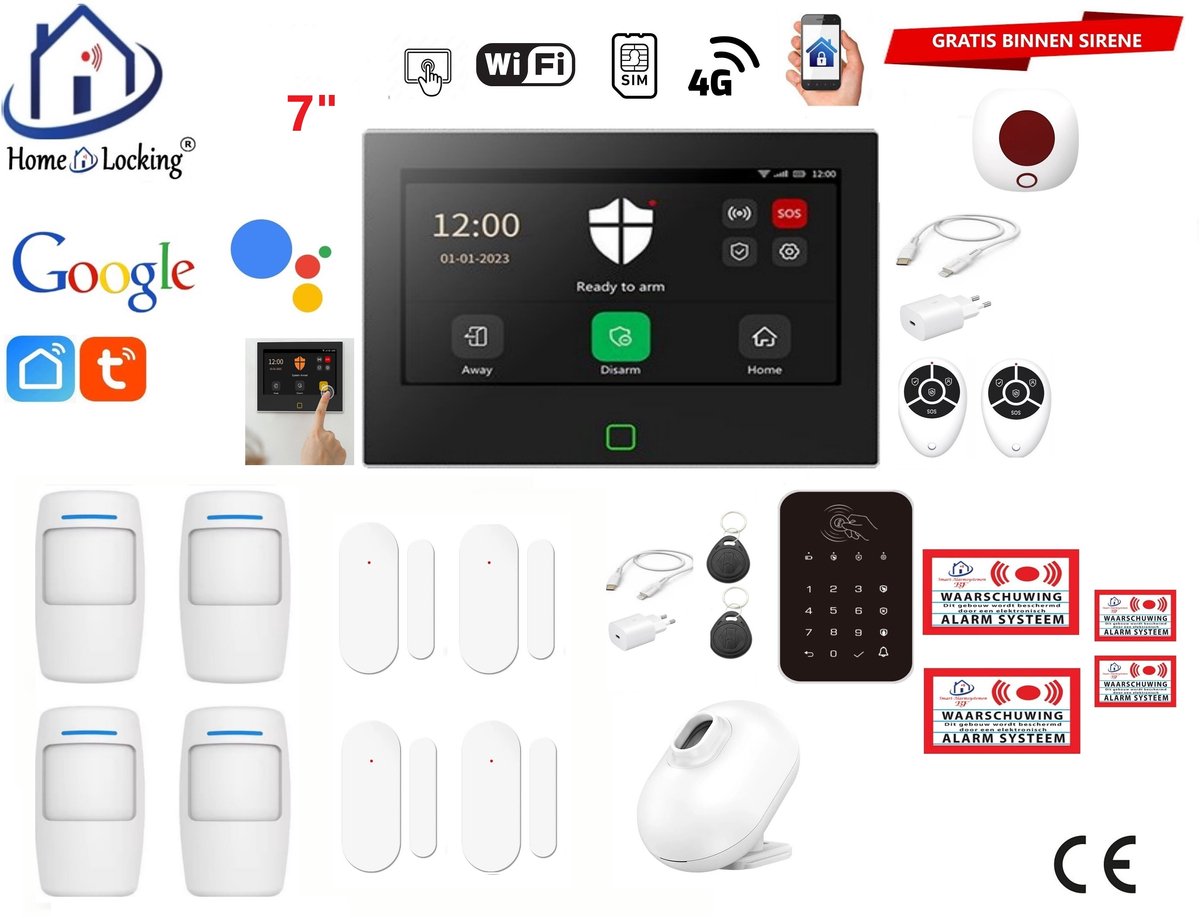 Draadloos / bedraad alarmsysteem met 7-inch touchscreen voor woning/camper/boot/caravan werkt met wifi en sim kaart en met spraakgestuurde apps. (Nederlands of Frans stem en tekst). ST01B-55