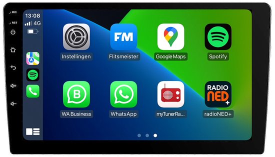 Car multimedia display met Apple CarPlay-apps zoals Instellingen en Spotify.
