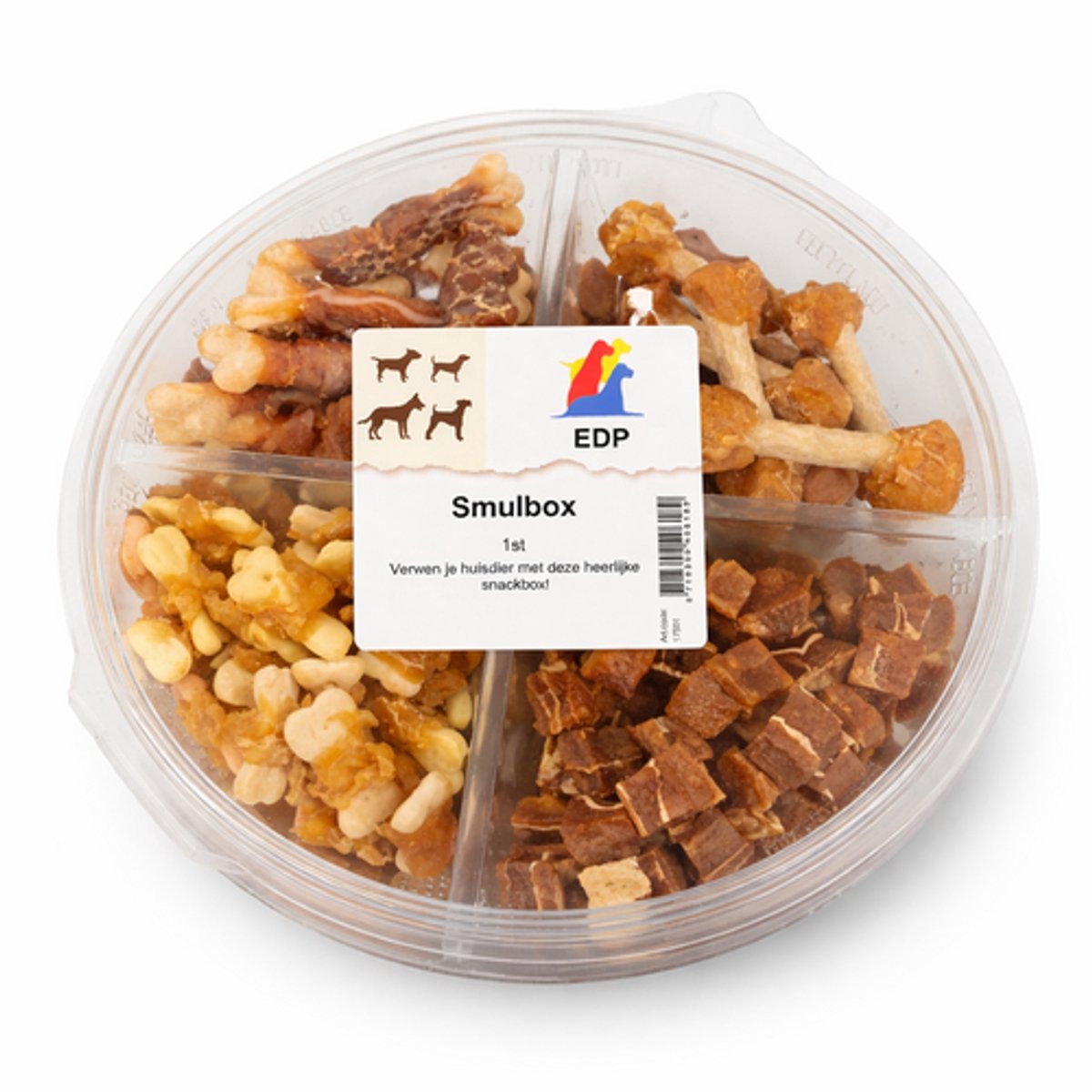 Zoolekker Smulbox - ronde snackbox met vier vakjes gevuld met diverse hondensnacks