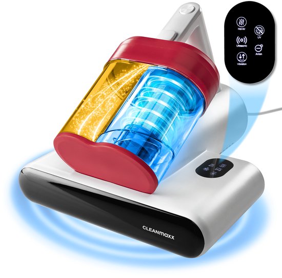 CLEANmaxx mijtzuiger voor matrassen met UV-C-licht, rotatie | Matrasreiniger met HEPA-filter, verwijdert 99,9% van alle mijten | Matraszuiger met ultrasoon geluid, warmte en trillingen
