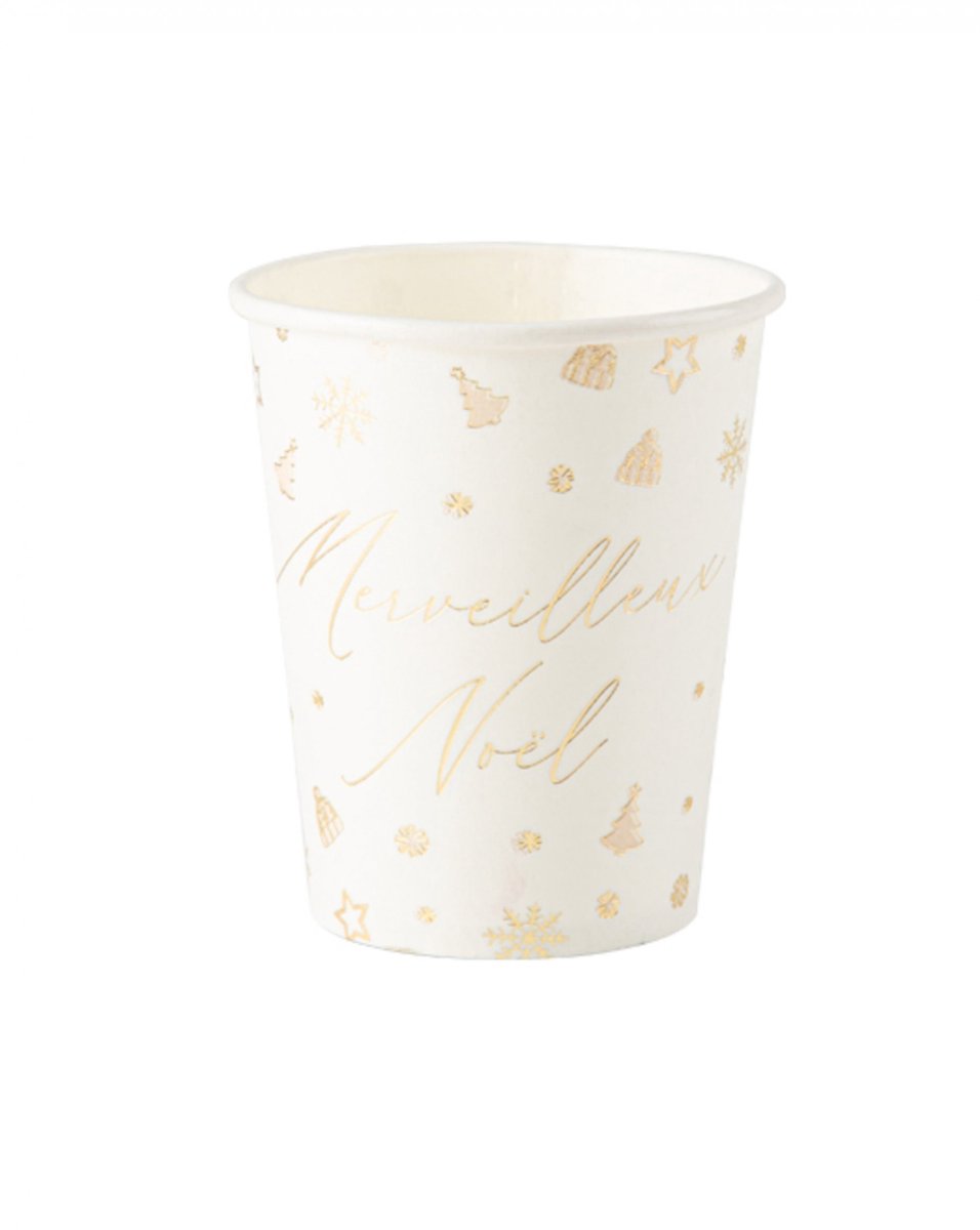 ARTYFETES - 8 prachtige witte en gouden kerstbekers van 255 ml van karton