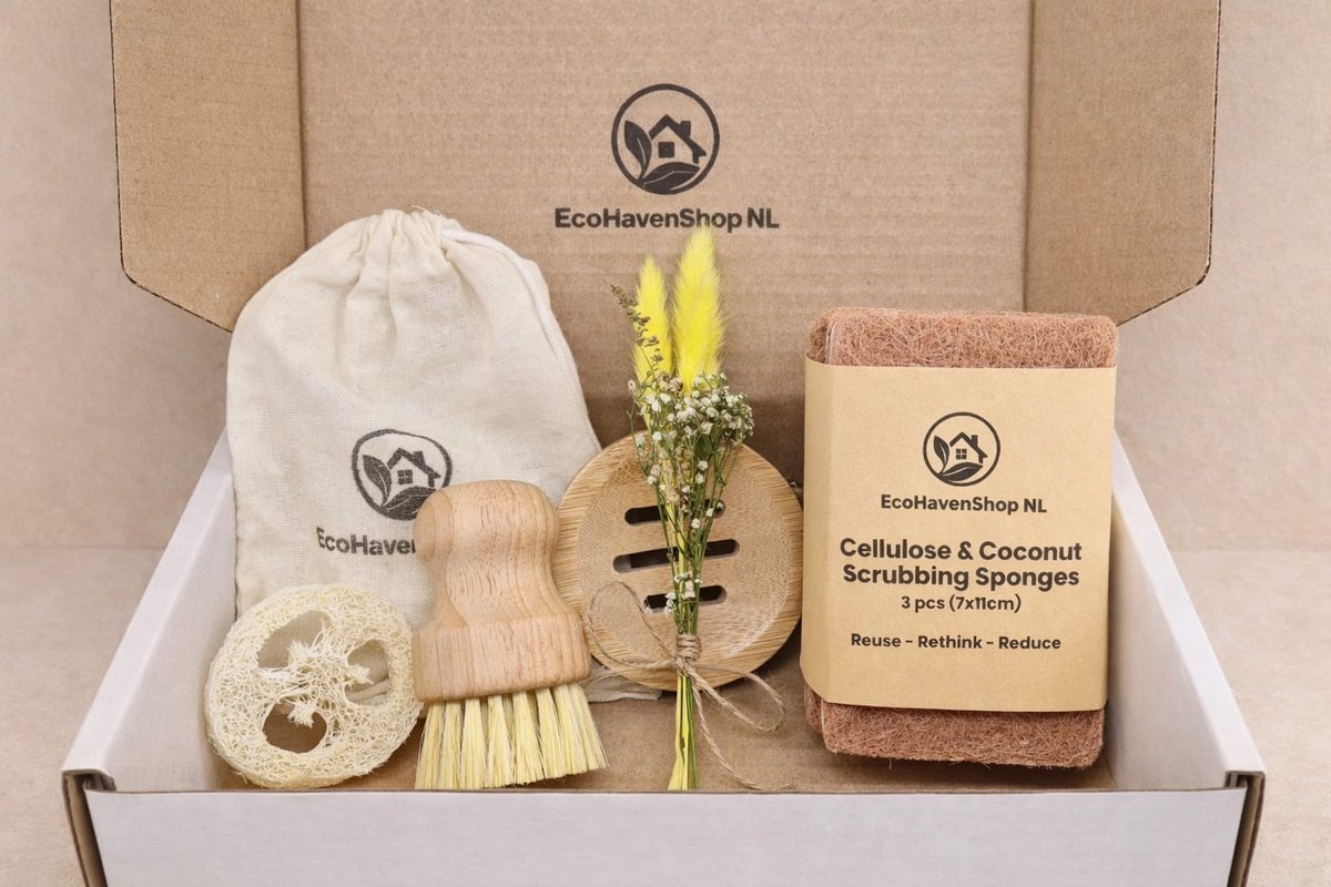 Duurzame Schoonmaakset Cadeau – Plasticvrij Keuken & Badkamer Set met Bamboe Borstel, Kokos Spons & Luffa – Zero Waste Huishouden – Eco Cadeau