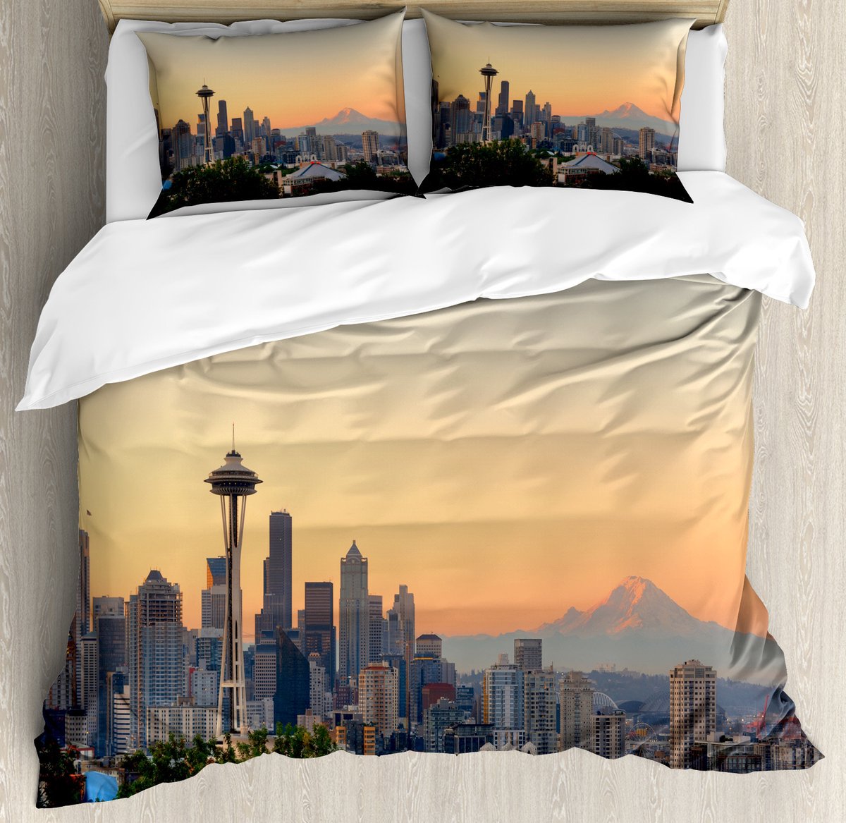ABAKUHAUS Seattle Skyline Dekbedovertrekset voor Tweepersoonsbedden, Berg Rainier, Zachte Microvezelstof, Hypoallergeen, Kleurvast, 230 x 220 cm