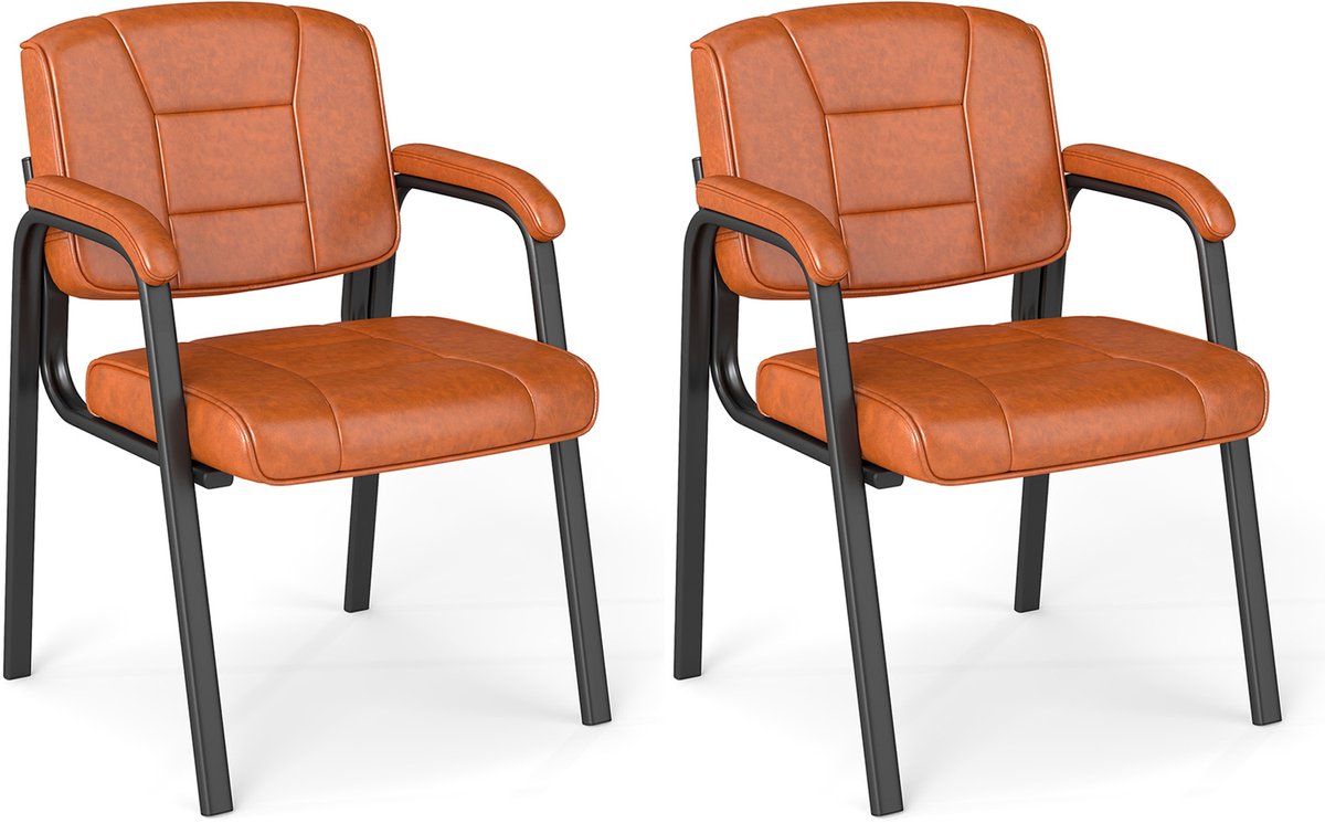 COSTWAY Conferentiestoelen, set van 2, bezoekersstoelen met gevoerde armleuningen en metalen frame, bureaustoelen, wachtkamerstoelen voor kantoor, conferentie, receptie (bruin)