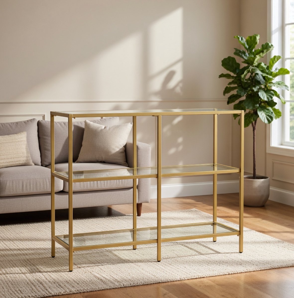Elegante Glazen Consoletafel 3 Planken – Modern Goudkleurig Metaal en Transparant Glas – Haltafel, Woonkamer, Slaapkamer, 30x100x73 cm – Robuust, Stijlvol en Functioneel Novihome