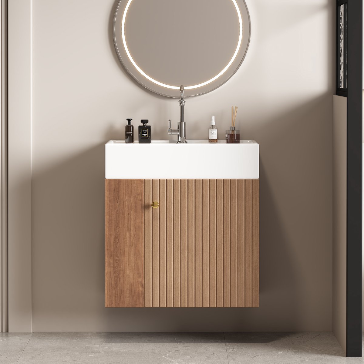 REDOM - Badkamermeubel Met Wastafel - 3D Reliëfpaneel - Voor Kleine Badkamer - MDF En Keramiek - Bruin