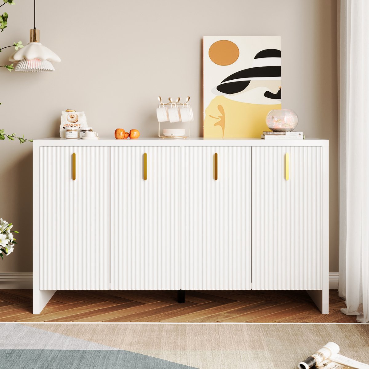 REDOM - Sideboard - Verstelbare Legplanken En Gouden Handgrepen - Minimalistisch - Woonkamer - Spaanplaat - Wit - 140 X 38 X 80 Cm