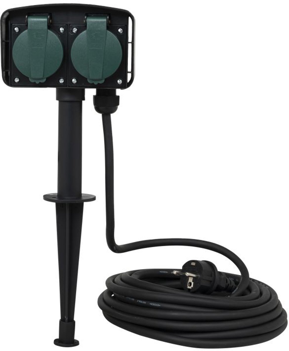 VB Extend Dubbele Tuincontactdoos op Spies - 10 meter Geaard Snoer - Zwart / Groen