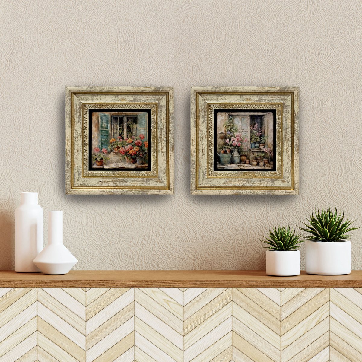 Artlijn Vintage Garden Window - Natuursteen Wanddecoratie Set van 2 - Travertin Steen Art Print - Bloemen & Raam Illustratie