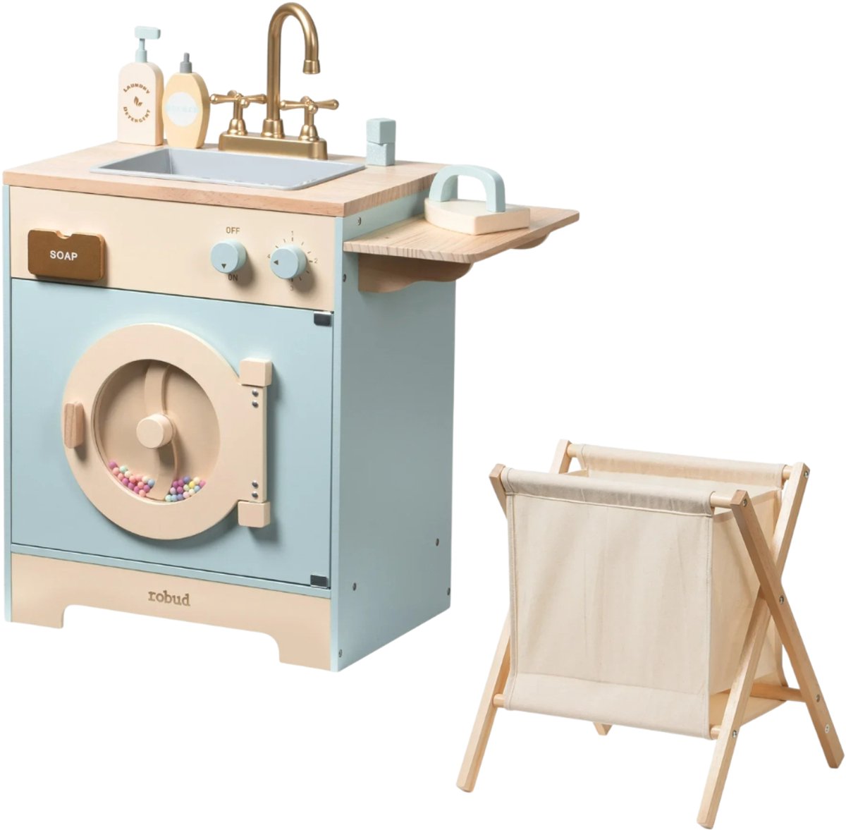 HHHK - Houten Kinder Wasmachine - Blauw en Houttint - Speelgoed Wasmachine - Kinderspeelgoed - Houten Speelgoed Wasmachine