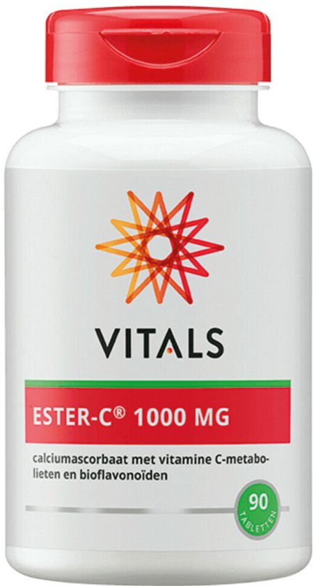Witte fles Vitals Ester-C 1000 mg met rood deksel en label met 90 tabletten.