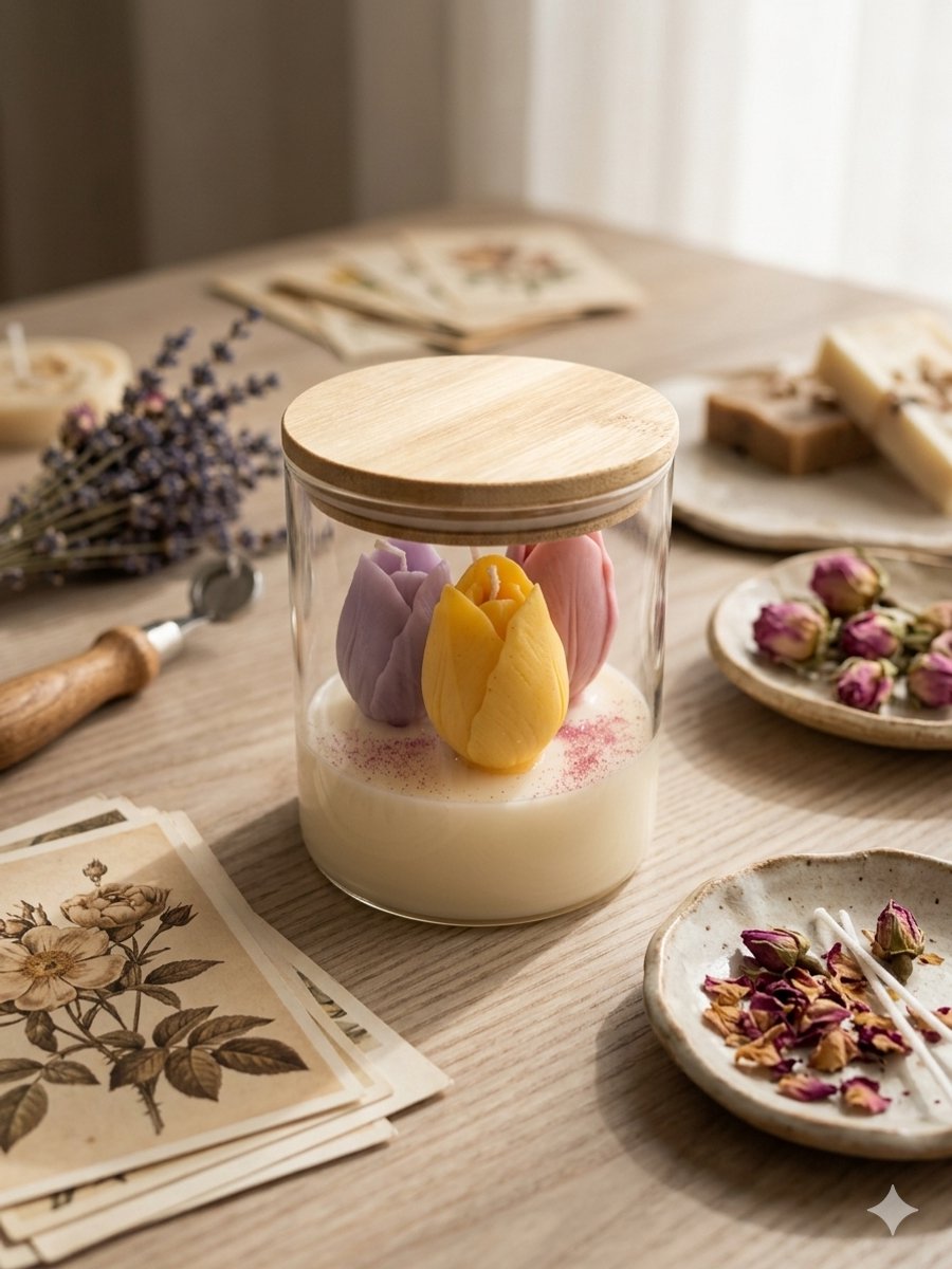 Lumen and Lux Candles Luxe Tulpenkaars in glas met houten deksel – een subtiel kunstwerk voor je interieur - Moederdag Geel, Paars, Lila