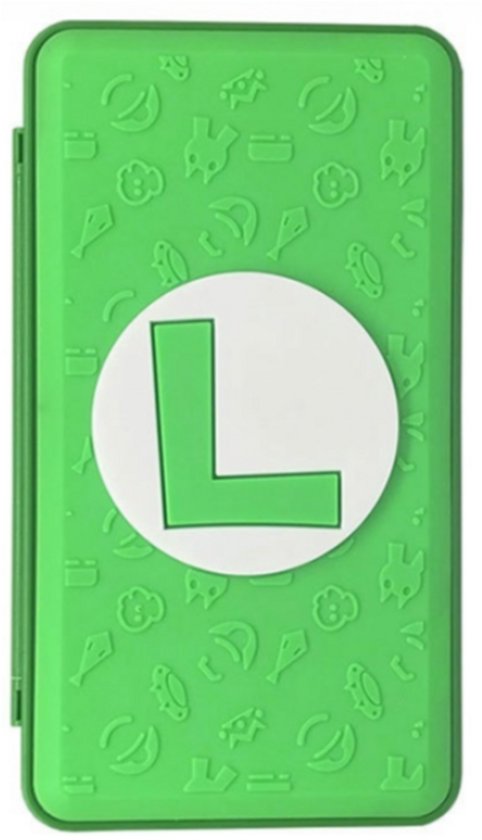 Groene Nintendo Switch spelletjeshouder met reliëf, met een groot wit 'L' logo.