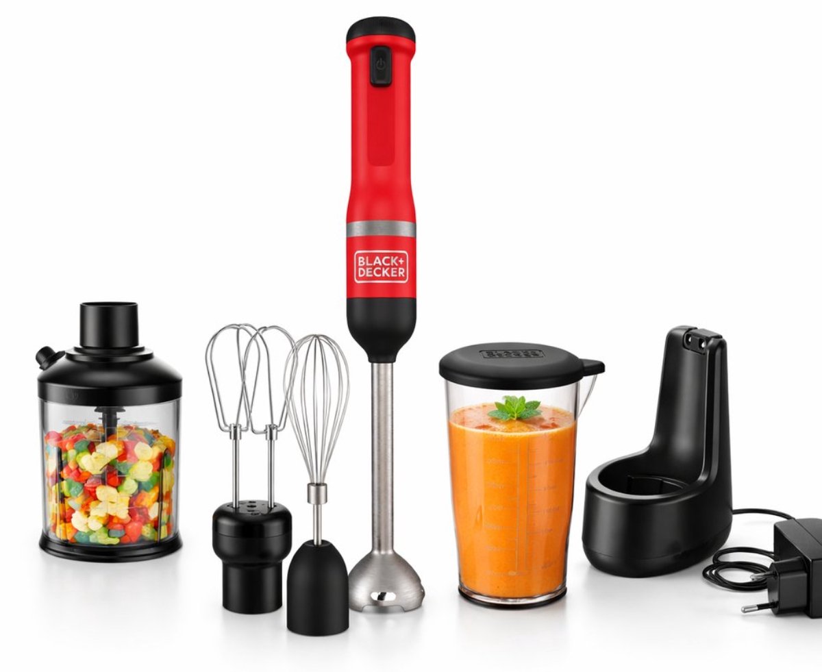 Black & Decker Draadloze Staafmixer - Inclusief Hakmolen met Mengkom (0,7L) en Garde-opzetstuk - Rood - RVS - BCKM1014KR-QW
