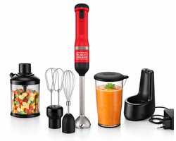 Black & Decker Draadloze Staafmixer - Inclusief Hakmolen met Mengkom (0,7L) en Garde-opzetstuk - Rood - RVS - BCKM1014KR-QW