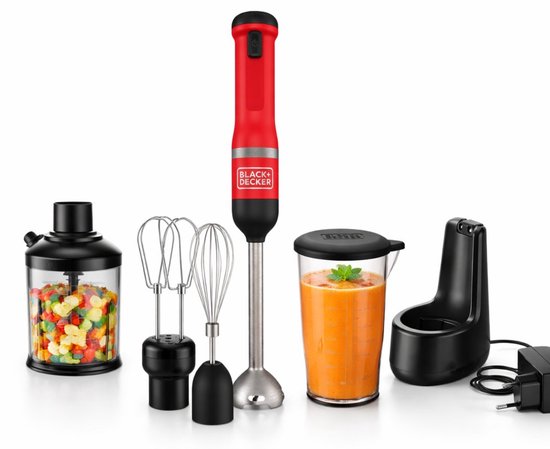 Black & Decker Draadloze Staafmixer - Inclusief Hakmolen met Mengkom (0,7L) en Garde-opzetstuk - Rood - RVS - BCKM1014KR-QW