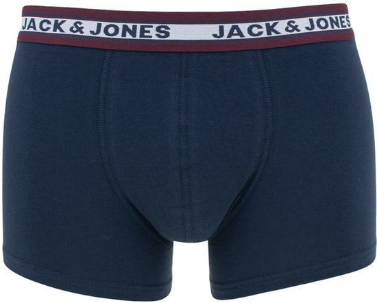 Donkerblauwe boxer met bordeauxrode en witte 'JACK & JONES' tailleband.