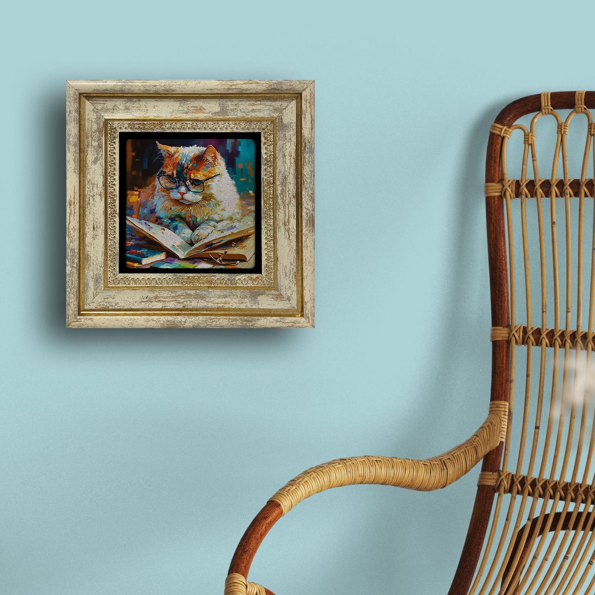 Artlijn Slimme Kat met Boek – Natuursteen Art Print – Travertin Steen Wanddecoratie – Lezende Kat Illustratie