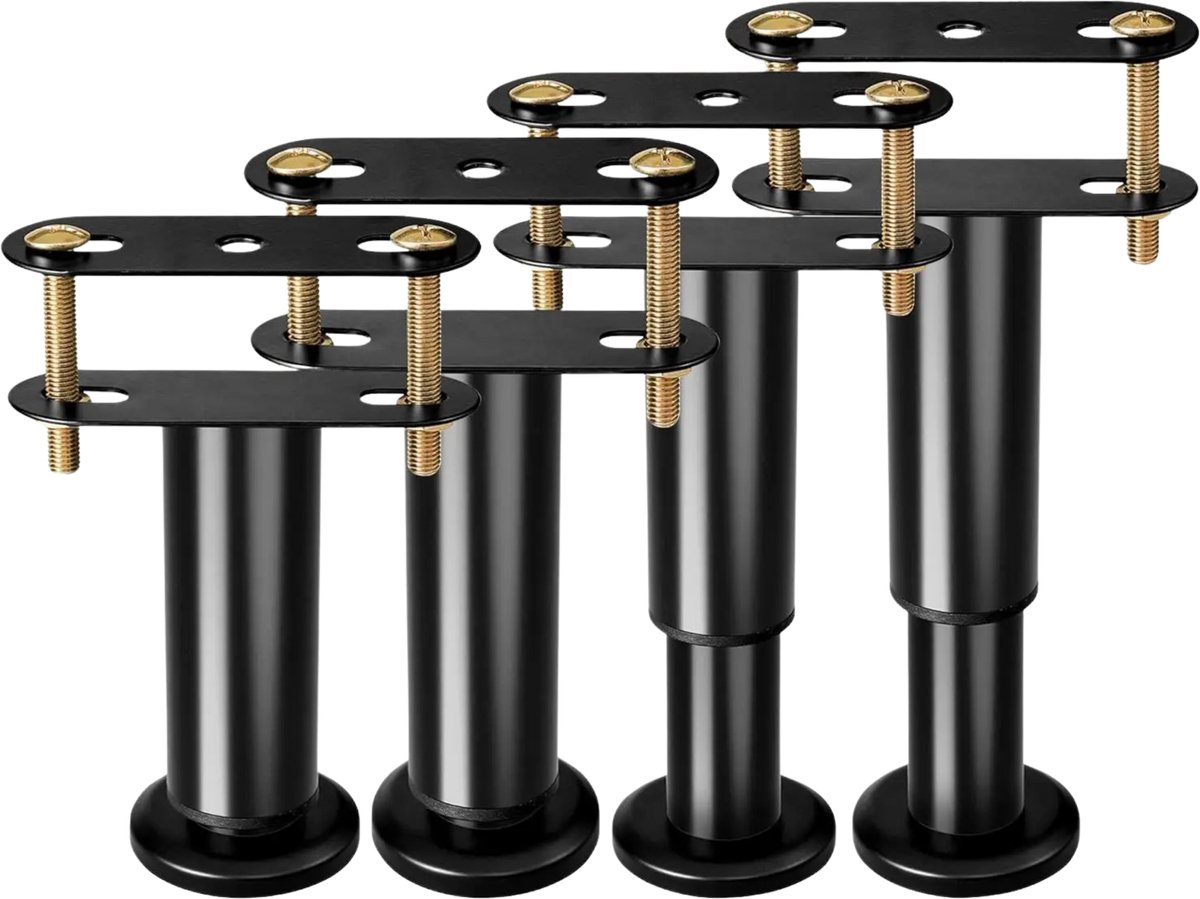 JustValue - Verstelbare Meubelpoten - Set Van 4 - Verstelbaar 13-22cm - Ronde Platte Voet - Anti-Slip - Staal - Zwart - Incl. Schroeven