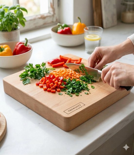 Billot TheWootz – Fabriqué à la main aux Pays-Bas – Bois de hêtre massif – 40×40×6 cm – Pour viande, légumes et travaux de hachage intensifs