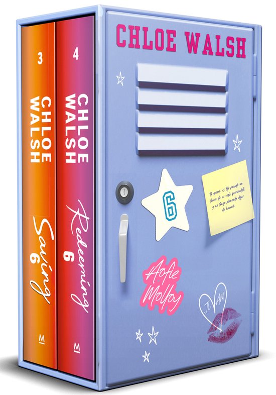 Livres 'Saving 6' et 'Redeeming 6' de Chloe Walsh à côté d'un casier bleu orné d'autocollants et d'une note.
