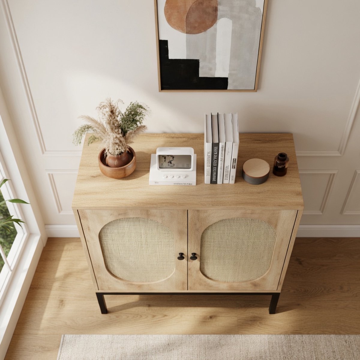 Moderne Rotan Opbergkast met 2 Deuren – Multifunctioneel Dressoir & Buffetkast voor Woonkamer, Keuken of Badkamer – Verstelbare Planken & Kantelbeveiliging – Natuurlijke Kleur – Novihome