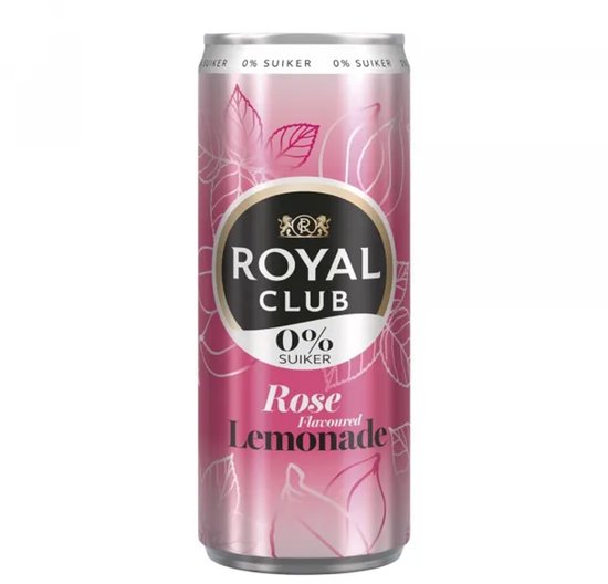 Royal Club Rose Lemonade 0% suiker in een roze blik met rozenblaadjes.