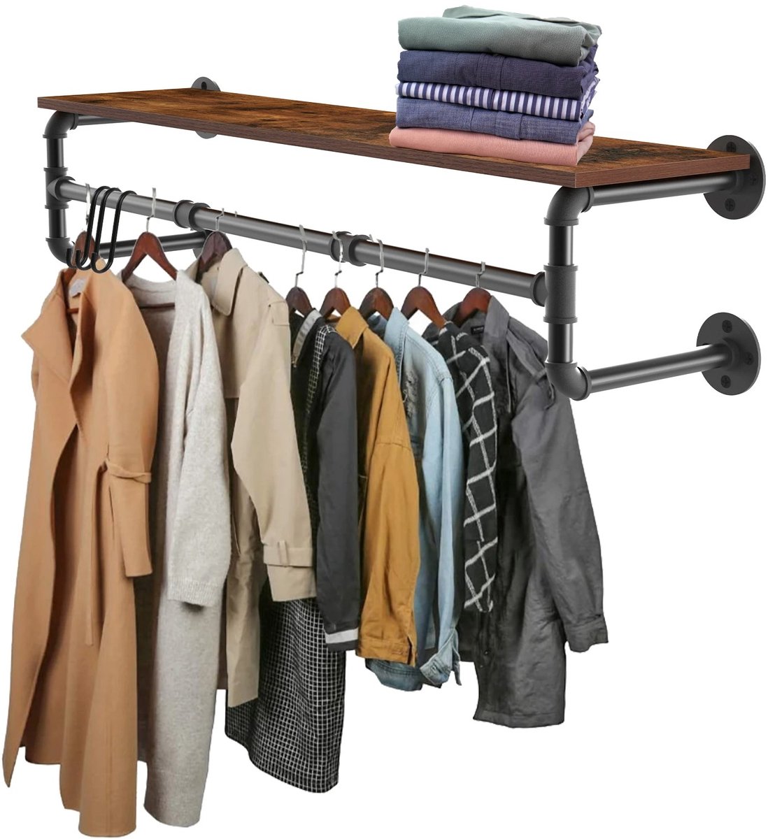 Archi kledingrek – Wandplank - Opbergrek metaal – Zwevend kledingrek – Met houten bovenplank – 100 x 25 x 22 cm - 30 kg - Bruin/zwart