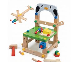 Houten Gereedschapsstoel Pinguïn - 2-in-1 Constructie Speelgoed & Kinderstoeltje - Toolbox Met Hamer, Schroevendraaier & Moersleutel - Gereedschapskoffer - Montessori Werkbank voor Peuters - Educatief cadeau 3+ , 31 x 8.5 x 25.7