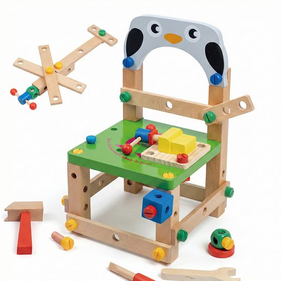 Chaise à Outils en Bois Pingouin - Jouet de Construction 2-en-1 & Petit Siège - Boîte à Outils Avec Marteau, Tournevis & Clé - Coffre à Outils - Établi Montessori pour Tout-Petits - Cadeau Éducatif 3+, 31 x 8.5 x 25.7