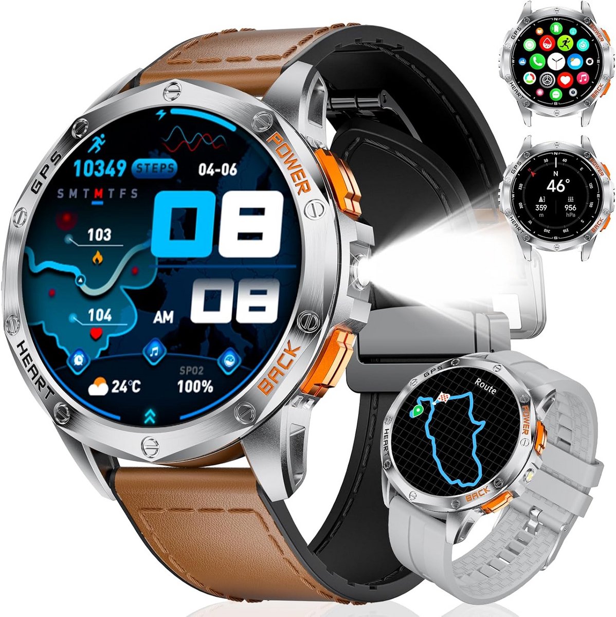 GPS Smartwatch Heren met Telefoonfunctie, 1.43" AMOLED HD Scherm, Waterdicht 5 ATM, +/- 170 Sportmodi, Kompas, Hoogtemeter voor iOS/Android