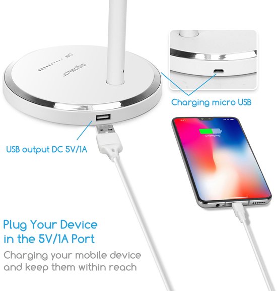 Aigostar Bureaulamp led dimbaar - 10 helderheidsmodi - 5 lichtkleuren - Opvouwbaar - USB Opladen - Smart Touch - Leeslamp - Tafellamp - Wit van Aigostar — afbeelding 4