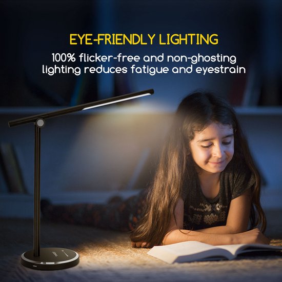Aigostar LED Bureaulamp Dimbaar - 5 Lichtstanden & 10 Helderheden - Met USB-poort - Opvouwbaar - Leeslamp & Bedlamp - Zwart — afbeelding 5