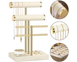 3-Laags Sieradenorganizer - Beige - Sieradenstandaard voor Armbanden - Verwijderbare T-Vormige Sieradenstandaard - Fluwelen Armbandhouder - Sieradenhouder, Kettingen, Horloges, Ringen