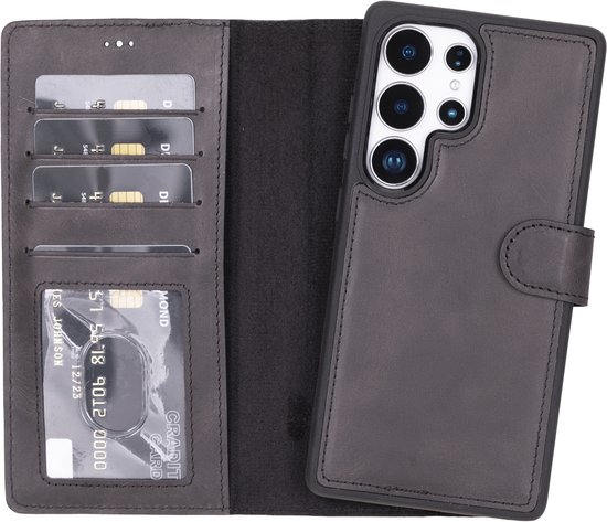 Samsung Galaxy S26 Ultra Hoesje Leren Wallet Case Zwart, Handgemaakt Echt Leer, Kaartsleuven, Magnetisch, Draadloos Opladen